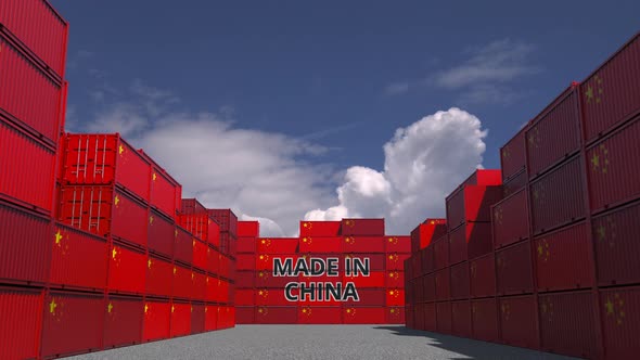 Many Cargo Containers with MADE IN CHINA Text and Flags