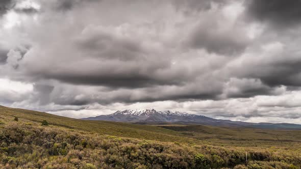 Stormy Clouds Sky over Volcano Mountains Ruapehu in New Zealand Wild Nature Landscape