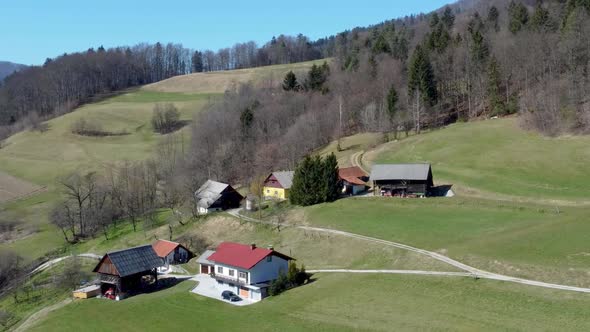 Traditional Slovenian House on a Hill, Bed and Breakfast Concept, Eco Tourism, Aerial Cirlcing