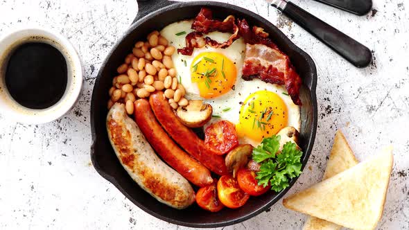 Delicious English Breakfast in Iron Cooking Pan