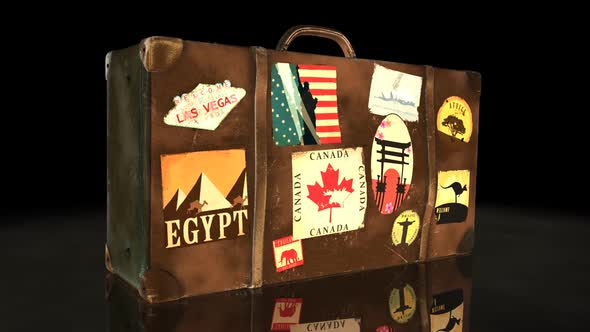 The international airport. Travel suitcase with world's famous travel labels.