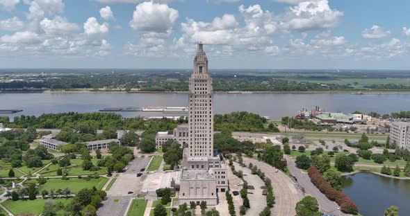 Aerial of Louisiana State Capital building and surrounding area in Baton Rouge, Louisiana