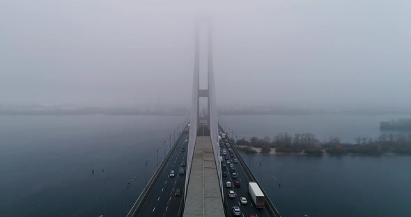 Aerial View of South Subway Cable Bridge in the Fog