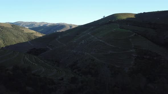 Cresting dark hill as morning sun casts deep shadows over Douro Valley, Portugal.
