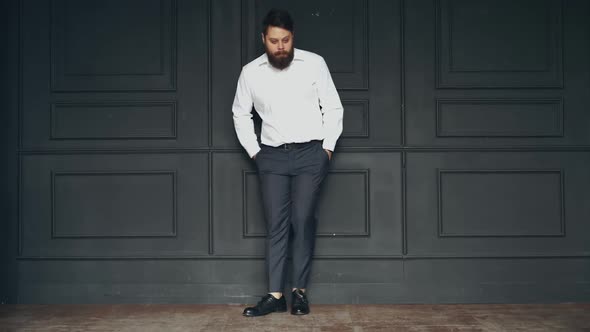 Gentleman posing in studio. Portrait of stylish handsome man with beard in studio