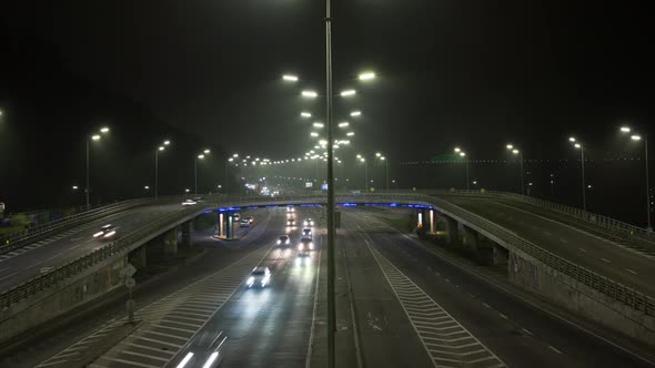 Night Traffic On A Big Road With A Bridge, Time Lapse, Cars