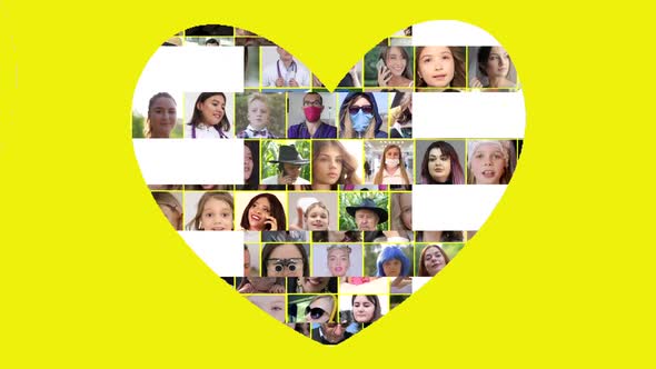 Heart shaped collage. Multiscreen on smiling multiethnic people. Joy, serenity, happiness.