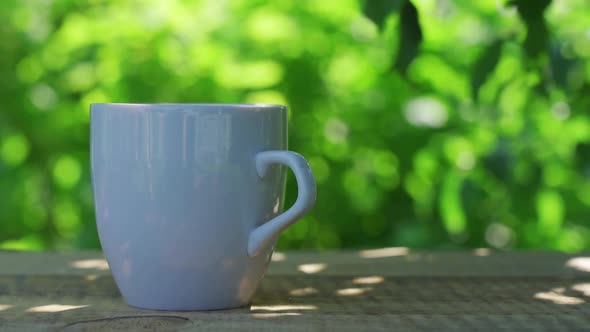 Hot Drink in a Cup Against the Background of a Summer Garden in the Morning