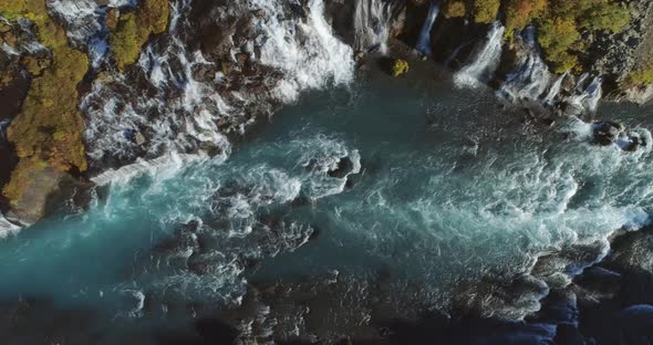 Hraunfossar and Hvita River in Autumn Iceland Aerial View