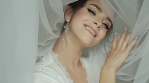 Portrait Stunningly Beautiful Bride Beautiful Makeup Original Jewelry White Veil Near Face