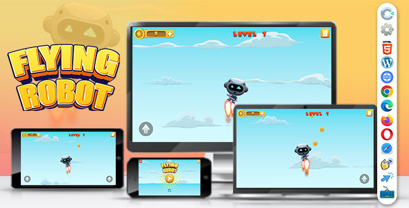 Flying Robot ( Construct | C3P | CAPX | HTML5 ) Endless Coin Collecting Mini Game