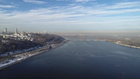 Aerial View of Kiev with Dnipro River and Kievo-Pecherskaya Lavra