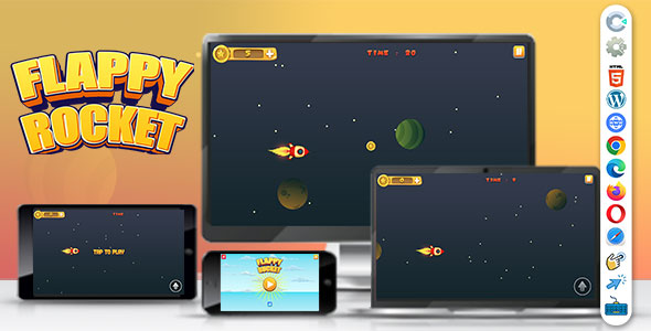 Flappy Rocket Game ( Construct | C3P | CAPX | HTML5 ) Mini Game of Collecting Coins