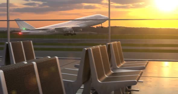 Airplane Taking Off Against Scenic Sunset Seen Through Departure Lounge Windows