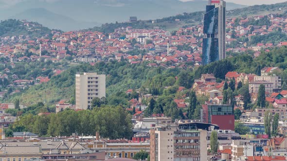 Aerial view of Sarajevo old town roofs and houses on the hills timelapse, Sarajevo, 