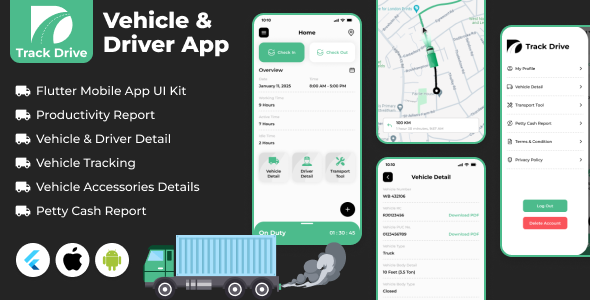 TrackDrive - Flutter Mobile App UI Kit for Truck/Vehicle Driver Application - Android/iOS template