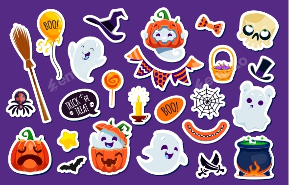 Halloween Stickers Cute Cartoon Vector Patches Set