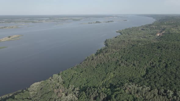 Dnipro River. Aerial View. Ukraine. Slow Motion, Flat, Gray