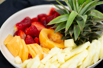 An artful fruit platter with vibrant fruits displayed