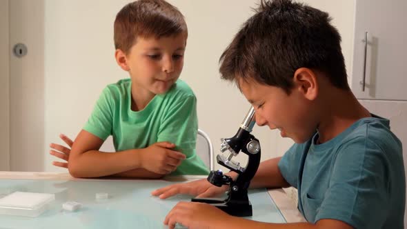 Older Brother Is Looking Through a Microscope