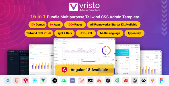 Vristo – Tailwind Admin Template HTML, Angular 18, NextJS App Router, ReactJS, VueJS, Nuxt, Laravel