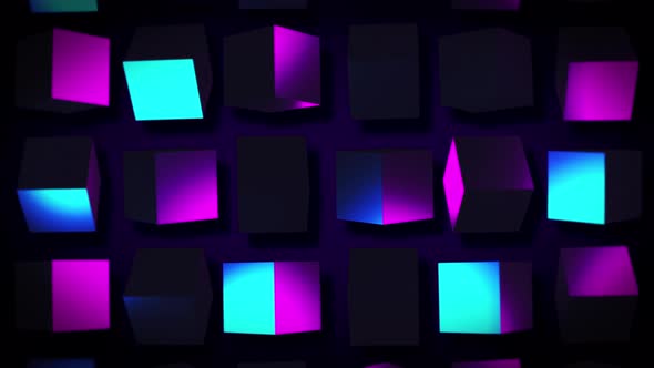 Multiple rotating digital cubes are changing colors in a virtual web background