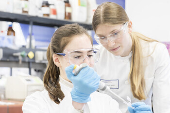 Two scientists analyzing a sample in a lab