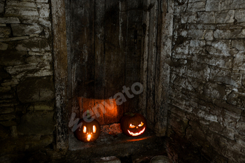 scary Halloween background with Jack'o'lanterns and skeleton