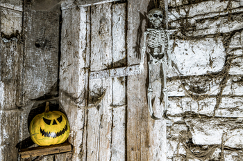 scary Halloween background with Jack'o'lanterns and skeleton