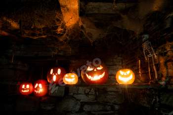 scary Halloween background with Jack'o'lanterns and skeleton