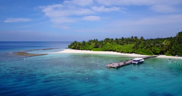 Luxury overhead tourism shot of a paradise sunny white sand beach and blue water background in color