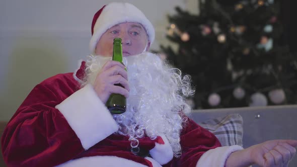Close-up of Sad Caucasian Man in Santa Claus Costume Chewing and Drinking Beer. Bad Santa Claus