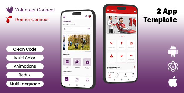 2 App Template | VolunteerConnect | DonorConnect | React Native iOS/Android App Template