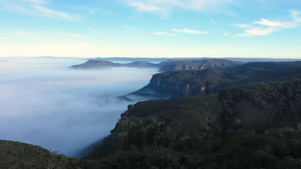 Drone footage of Fog in the Megalong Valley in The Blue Mountains in Australia