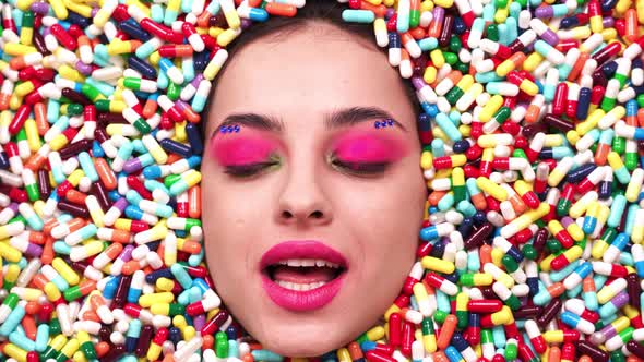 Beautiful girl acting inside a colored background made with pills