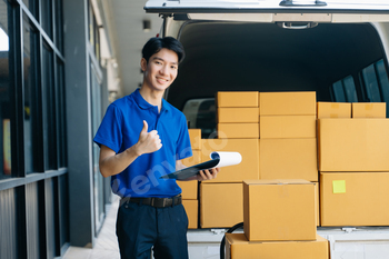 Portrait of courier delivery man searching the address on digital tablet. Delivery service,