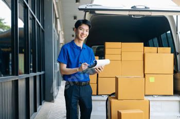 Portrait of courier delivery man searching the address on digital tablet. Delivery service,