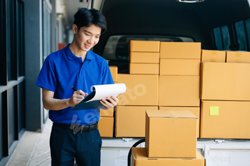 Portrait of courier delivery man searching the address on digital tablet. Delivery service,