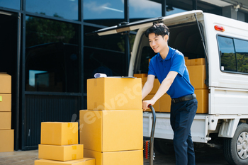 Portrait of courier delivery man searching the address on digital tablet. Delivery service,