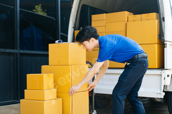 Portrait of courier delivery man searching the address on digital tablet. Delivery service,