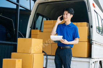 Portrait of courier delivery man searching the address on digital tablet. Delivery service,