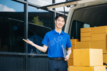 Portrait of courier delivery man searching the address on digital tablet. Delivery service,