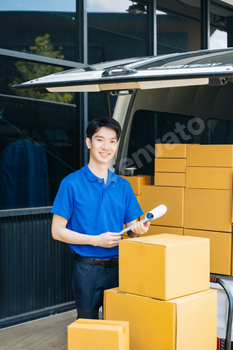 Portrait of courier delivery man searching the address on digital tablet. Delivery service,