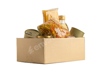 Foodstuff for donation, storage and delivery. Various food, pasta, cooking oil and canned food