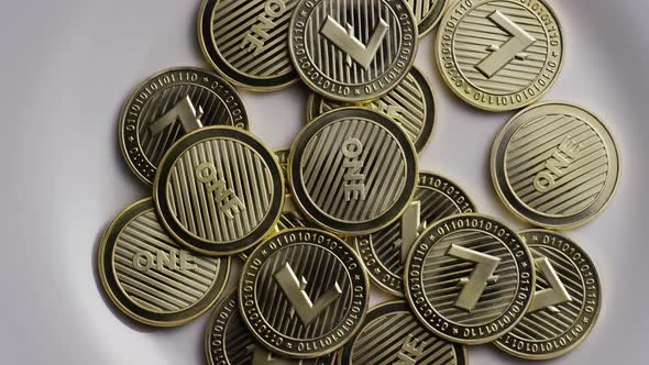 Rotating shot of Litecoin Bitcoins (digital cryptocurrency) - BITCOIN LITECOIN