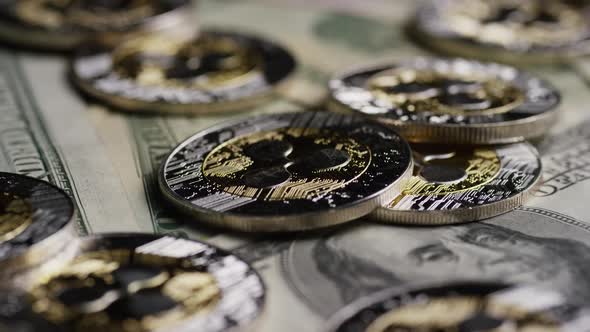 Rotating shot of Bitcoins (digital cryptocurrency) - BITCOIN RIPPLE