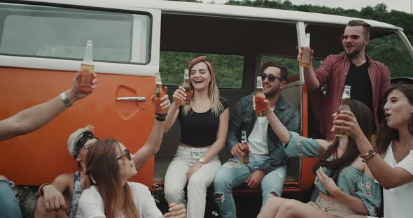Boho Stylish Group of Friends Drinking Beer 
