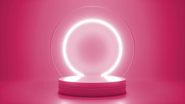 Pink podium with a bright glowing blinking neon circle