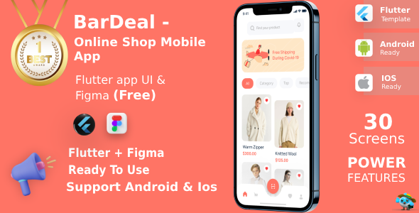 BarDeal ANDROID + IOS + FIGMA (Free) | UI Kit | Flutter | Online Shopping Mobile App