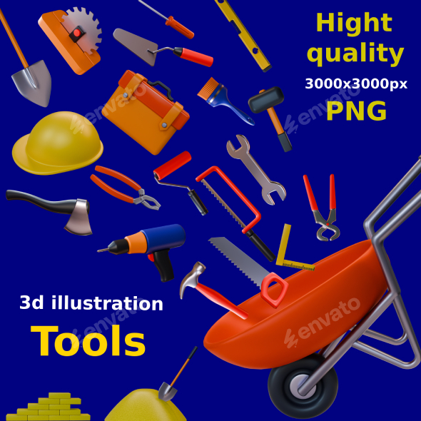 3d tools icons, construction tools, 3d icons. 3000x3000px